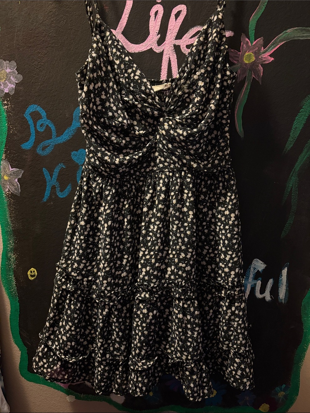 La Hearts Black Mini Dress with White Floral Print